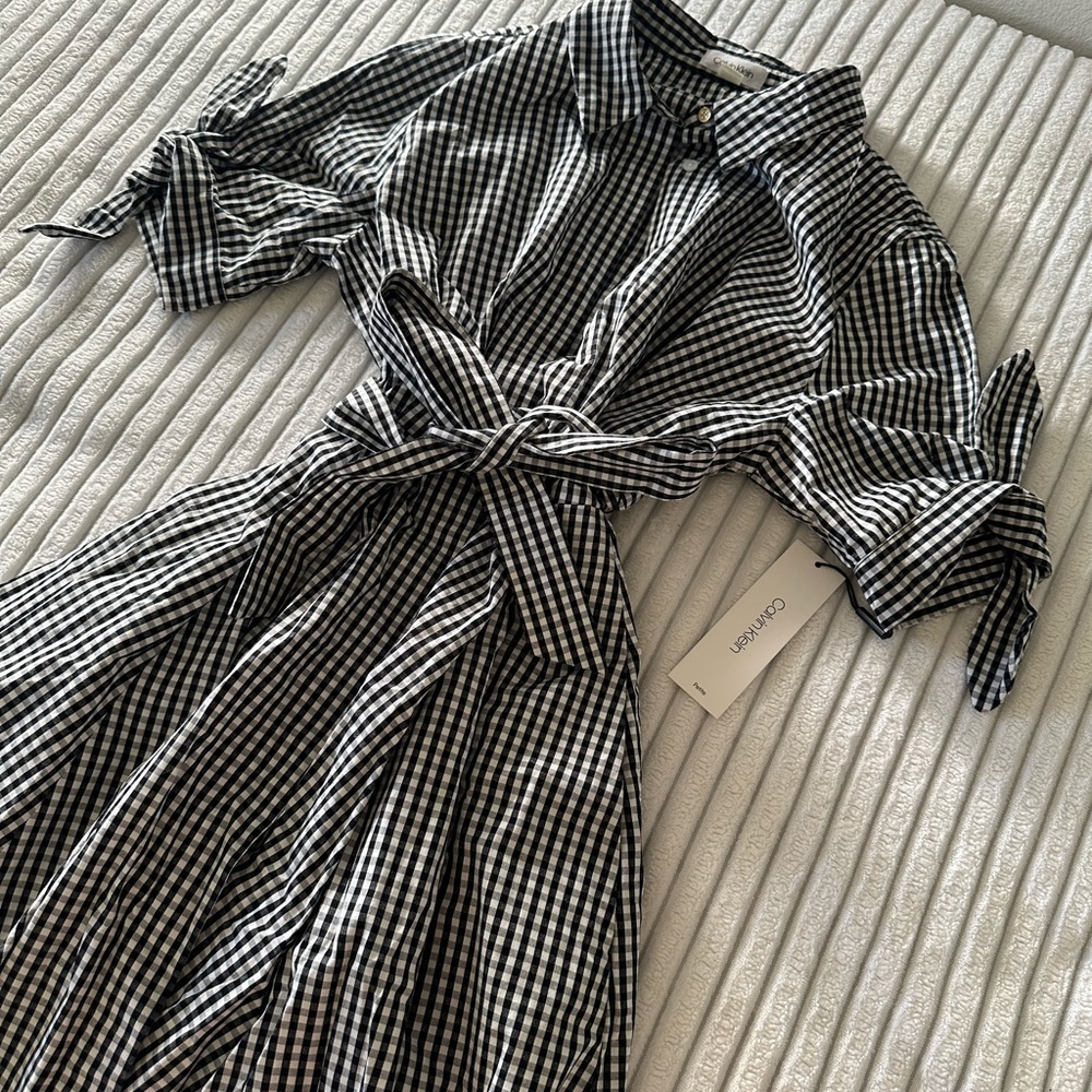 Calvin Klein midi length black and white gingham button down dress size 12 P